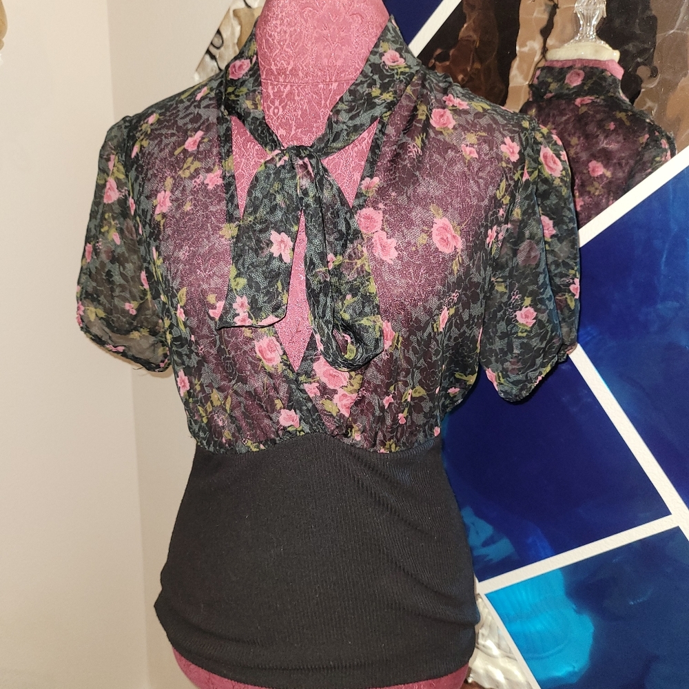 V neck sheer top with tie and sweater bottom